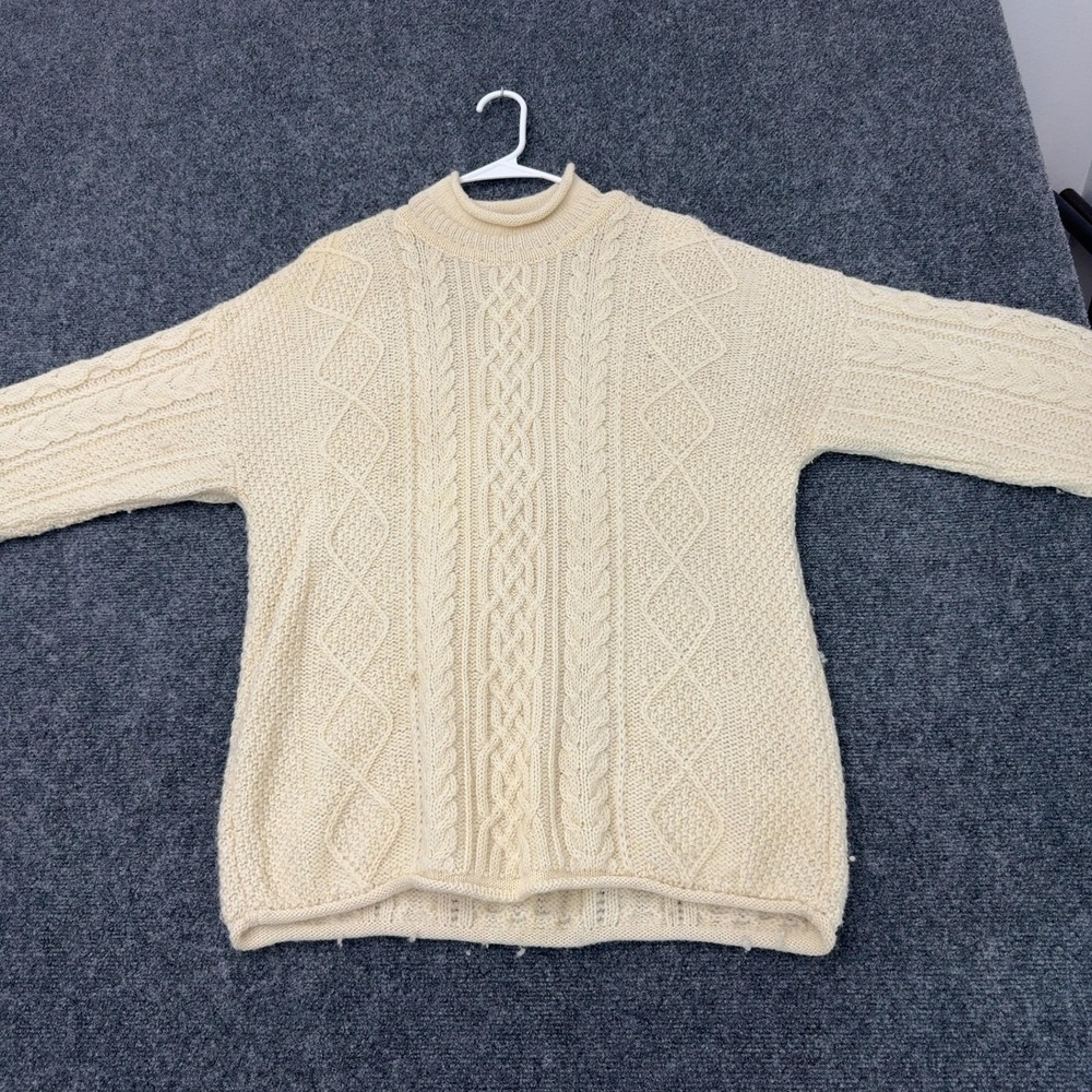 Vintage Blarney Woollen Mills Sweater Mens L Cream Wool Cable Knit Mock Neck